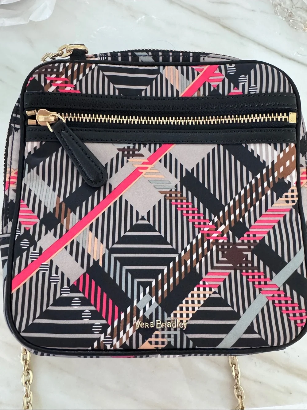 Vera Bradley Black and Ref Plaid Crossbody with Gold Chain